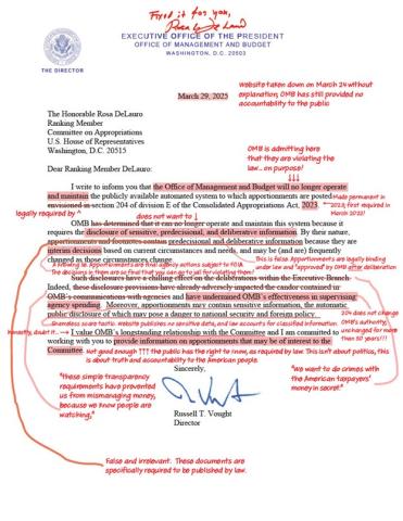 letter from OMB Director Russ Vought with annotations and corrections by Congresswoman DeLauro